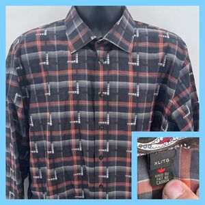 Lipson Sport Mens XL TG Plaid‎ Button Down Shirt Orange Gray Black Unique Design
